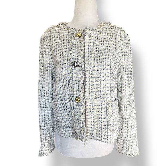 Zara Basic Cream Tweed Boucle Blazer Lady Jacket Flower Jewel Brooch Buttons XS - Picture 3 of 13